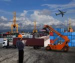 Officer Man Working In Land Transport Logistic With Container Do Stock Photo