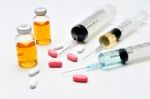 Vaccine / Hypodermic Syringe / Needle / Pills Stock Photo