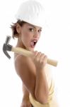 Female Architect Holding Hammer Stock Photo