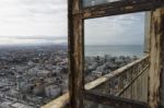 City Reflected On A Rusty Mirror Stock Photo