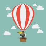 Business Woman In Hot Air Balloon Search To Success Stock Photo