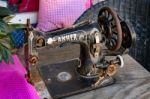 Old Sewing Machine On Display In Hallstatt Stock Photo