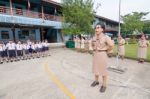 Student 9-10 Years Old, Scout Assembly, Scout Camp In Bangkok Thailand Stock Photo