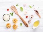 Ingredients For Homemade Pasta On Wooden Background Stock Photo