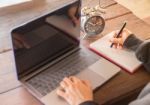 Business Woman Working Late At Home Stock Photo