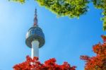 Seoul Tower And Red Autumn Maple Leaves At Namsan Mountain In South Korea Stock Photo