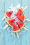 Watermelon Popsicle Yummy Fresh Summer Fruit Sweet Dessert Wood Stock Photo