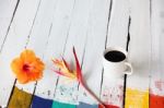 Coffee With Colorful Flower Decoration Stock Photo