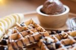 Belgian Waffles With Fruit And Chocolate, Forest Fruit, All Home Stock Photo