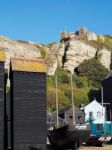 Fishermen's Sheds And Boat Overlloked By The Funicular Railway I Stock Photo