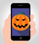 Halloween Pumpkin Online Indicates Trick Or Treat Cellphone Stock Photo