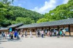 Suwon, South Korea - July 5: Korean Folk Village,traditional Korean Style Architecture And Tourists In Korean Folk Village On July 5, 2015 In Suwon, South Korea Stock Photo