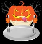 Scary Pumpkin Holding Spoon And Knives For Halloween Menu Stock Photo