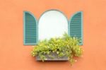 Old Arched Green Window Opened On Orange Wall Stock Photo