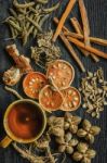 Dried Herbs And Ginseng, Top View Of Thai Herbs And Ginseng On Wooden Floor Stock Photo