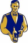 Waiter Presenting Wine Bottle Woodcut Stock Photo