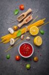 Italian Food And Menu Concept. Spaghetti With Ingredients Sweet Stock Photo