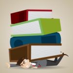 Cartoon Businessman With Stack Of Folder And Book Over His Back Stock Photo