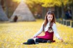 Beautiful Girl With Yellow Leaves In Nami Island, Korea. Nami Island In Autumn Stock Photo