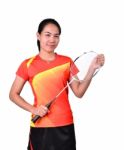 Badminton Player Isolated On White Background Stock Photo