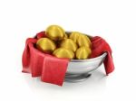 Golden Eggs In Silver Bowl Stock Photo