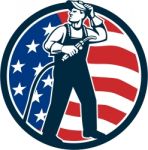 Welder Standing Visor Up Usa Flag Circle Retro Stock Photo