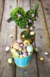 Easter Decorations On Rustic Wooden Background Stock Photo