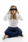 Young Female Watching Into Binoculars Stock Photo