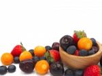 Fresh Summer Fruits, Cherry, Strawberry, Cape Gooseberry And Blu Stock Photo