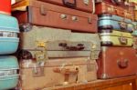 Leather Suitcases Stacked Stock Photo