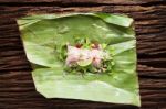 Nham Sour Pork In Banana Leaves Thai Food Stock Photo