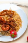 Italian Seafood Spaghetti Pasta On Red Tomato Sauce Stock Photo