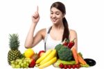 Young Smiling Woman With Fruits And Vegetables Stock Photo