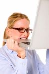 Business Lady Biting Laptop Stock Photo