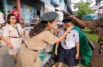 Student 9-10 Years Old, Welcome To Boy Scout Camp In Bangkok Thailand Stock Photo