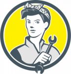 Female Mechanic Worker Holding Wrench Retro Stock Photo