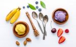 Flat Lay Ice Cream With Various Fruits Raspberry ,blueberry ,str Stock Photo