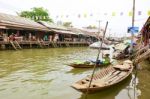 Wooden Boats Busy Ferrying People At Amphawa Floating Market Stock Photo