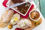 Goose Liver And Sauternes Pate With Chutney, Pepper, Physalis, S Stock Photo