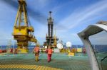 Oil Rig Helicopter And Passengers Stock Photo