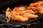 Grilled Prawns On The Grill Stock Photo