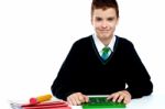 Smiling Schoolboy Using Calculator Stock Photo