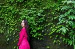 Summer Portrait Of Young  Women Enjoying Nature  In Tight Fitting Red Dress Summer Vacation,sunny,having Fun, Positive Mood,romantic, Against Background Of Summer Green Park, Green Leaves Stay Outdoor Stock Photo