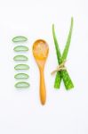 Aloe Vera Fresh Leaves With Aloe Vera Gel On Wooden Spoon. Isola Stock Photo