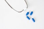 Blue Pills With Stethoscope Stock Photo