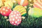 Easter Eggs With Flower On Fresh Green Grass ( Filtered Image Pr Stock Photo