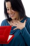 Surprised Woman Looking Jewelry Box Stock Photo