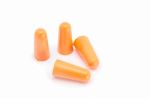 Orange Earplugs With A String On White Background Stock Photo