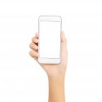 Woman Hand Hold White Phone Isolated On White Cutout With Clippi Stock Photo