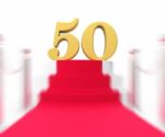 Golden Fifty On Red Carpet Displays Fiftieth Cinema Anniversary Stock Photo